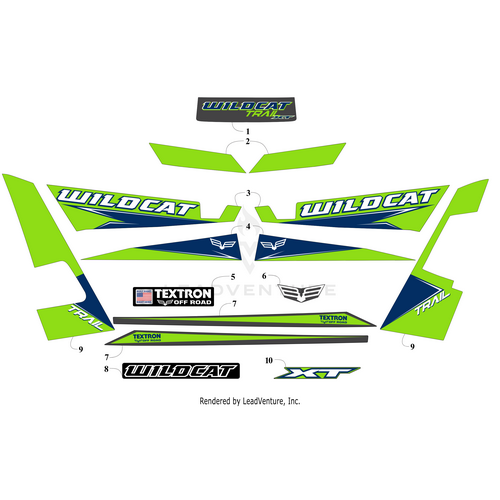 The Door Decal - Lower Left - Green by Arctic Cat features green, blue, and white stickers labeled WILDCAT, TRAIL, XT, TEXTRON OFF ROAD with wing logos—ideal for UTV/ATV vehicles and numbered for easy application.