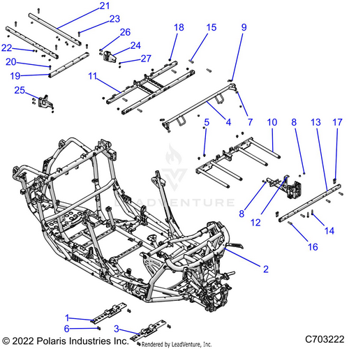An Image of a Genuine Polaris Parts Schematic Diagram showing the schematic - CHASSIS: MAIN FRAME - 2023 POLARIS RZR TURBO R 4 PREMIUM RIDE COMMAND