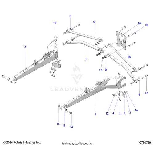 An Image of a Genuine Polaris Parts Schematic Diagram showing the schematic - SUSPENSION: REAR TRAILING ARMS AND MOUNTING - 2026 POLARIS RZR PRO XP ULTIMATE