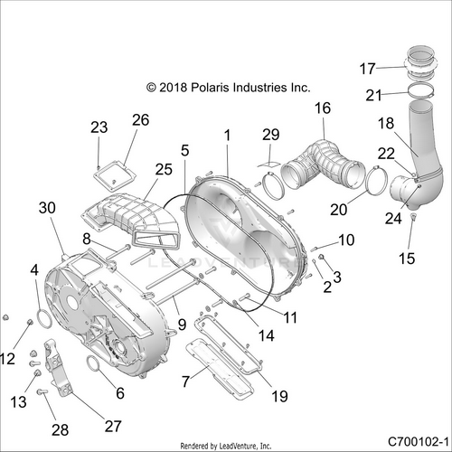 An Image of a Genuine Polaris Parts Schematic Diagram showing the schematic - DRIVE TRAIN: CLUTCH COVER AND DUCTING - 2018 POLARIS RZR RS1