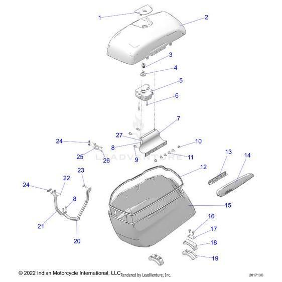 Exploded view diagram of the Indian Motorcycle Lid Saddlebag LH Msgrnsmk [Moss Green Smoke] by Polaris, showing numbered parts like the main bag, lid, mounting brackets, hardware components, and side trim pieces.