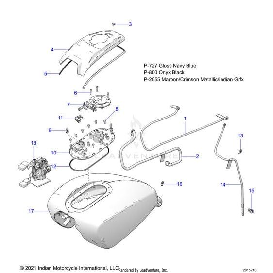 Exploded diagram of Polaris Tank Fuel Jade/Onyxgx assembly for Indian Motorcycle, showing numbered OEM parts—cover, hoses, screws, and fuel pump. Color options and labels are displayed on the right side of the image.