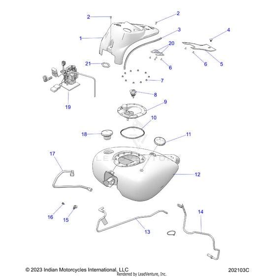 Exploded diagram of the Tank Fuel Mgrnsm | Moss Green Smoke by Polaris for Indian Motorcycle, showing numbered OEM parts like fuel lines, gas cap, and mounting hardware on a white background.