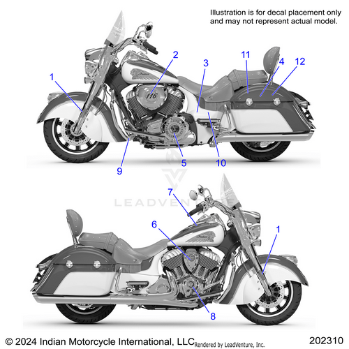 Two grayscale side-view images show twelve numbered decal placement spots on an Indian Motorcycle, highlighting OEM parts like the Badge Horn Cover Se Al by Polaris, front fender, tank, side panels, bags, and fairing; for decal placement guidance only.