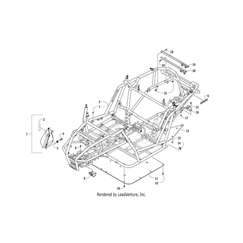 Line drawing of the Main Frame Assembly W/ Decals (2015 Wc) (Inc. 6) by Arctic Cat, featuring numbered parts and components for easy identification and assembly of OEM structure, pipes, and mounting points.
