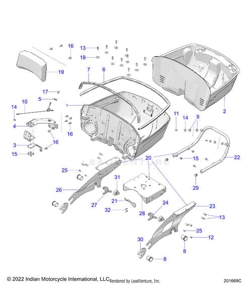 Exploded view diagram of the Bin Trunk Ind Ant Black/Redcnd [Black Candy / Red Candy] by Polaris, showing numbered OEM trunk lid, brackets, mounting plates, screws, and hardware—each part clearly labeled for easy identification.