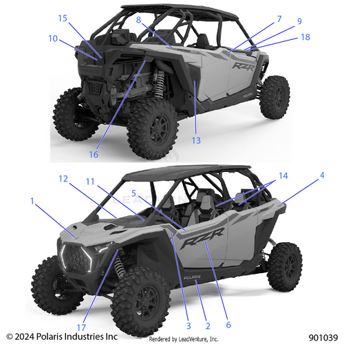 An Image of a Genuine Polaris Parts Schematic Diagram showing the schematic - BODY: DECALS - 2025 POLARIS RZR PRO XP 4 ULTIMATE