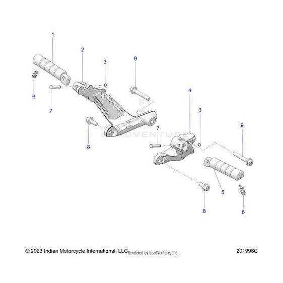 Exploded diagram of a motorcycle foot peg assembly with parts labeled 1–9, including Indian Motorcycle OEM components such as brackets, foot pegs, bolts, and the Screw Hxfl M10X1.5X60 10.9 Zfb by Polaris. Each part is shown separately for clarity.