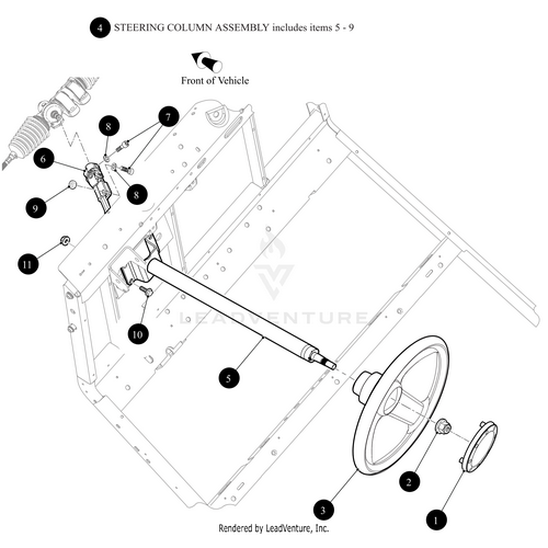 Black and white diagram of the Arctic Cat Steering Column Assembly (Inc. 5-9), showing labeled parts like the steering wheel, shaft, and mounting components, with arrows indicating assembly order on a vehicle frame using genuine OEM parts.