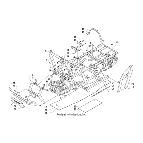 Exploded vehicle chassis diagram with numbered parts—frame, panels, doors, and other structural components. Features the Steering Support by Arctic Cat (part 0505-625), shown separated and labeled for easy assembly reference.