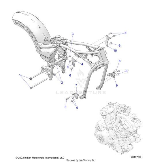 Technical illustration showing numbered motorcycle frame parts (1–8) with a separate engine, featured in an Indian Motorcycle manual for genuine Polaris OEM parts, including the Screw Hxfl M10X1.5X20 10.9 Zfb by Polaris.