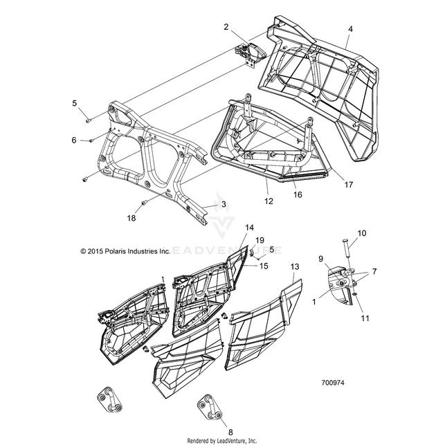 An Image of a Genuine Polaris Parts Schematic Diagram showing the schematic - BODY: DOORS REAR - 2018 POLARIS RZR XP 4 1000