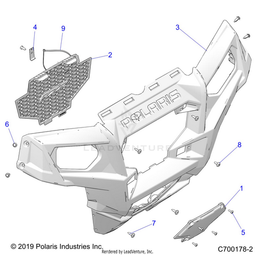 An Image of a Genuine Polaris Parts Schematic Diagram showing the schematic - BODY: FRONT BUMPER - 2019 POLARIS RZR 570