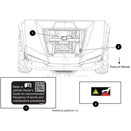 Line drawing of an Arctic Cat UTV front shows two labels: one for service info in the owners guide and one with a hot warning symbol—ideal for referencing or replacing with the Decal Hot Ce by Arctic Cat. Arrows indicate their locations.
