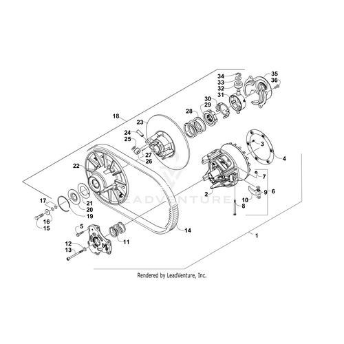 Exploded diagram of a mechanical belt drive system with labeled components like pulleys, gears, belts, and fasteners—perfect for understanding Arctic Cat’s Primary Clutch Idler Assembly 7.25 (Inc. 2-11).
