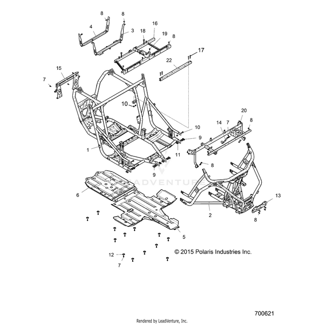 An Image of a Genuine Polaris Parts Schematic Diagram showing the schematic - CHASSIS: MAIN FRAME AND SKID PLATES - 2016 POLARIS RZR XP 1000