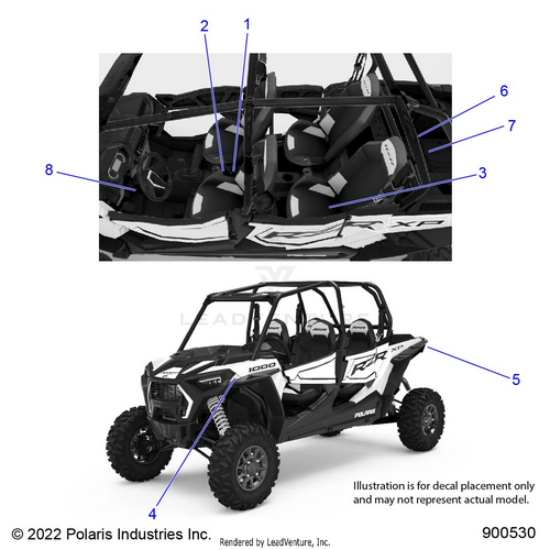 An Image of a Genuine Polaris Parts Schematic Diagram showing the schematic - BODY: DECALS - 2023 POLARIS RZR XP 4 1000 SPORT