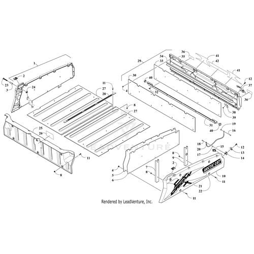 Exploded diagram of the Tailgate Assembly (Inc. 30-39) by Arctic Cat, displaying individual panels, brackets, and fasteners with numbered labels. An “Arctic Cat” logo appears on a panel in the lower right corner.