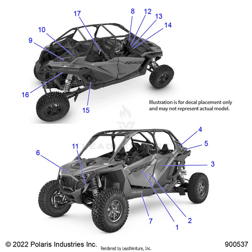 An Image of a Genuine Polaris Parts Schematic Diagram showing the schematic - BODY: DECALS - 2023 POLARIS RZR PRO R 4 SPORT