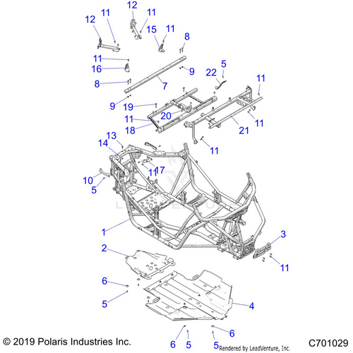 An Image of a Genuine Polaris Parts Schematic Diagram showing the schematic - CHASSIS: MAIN FRAME AND SKID PLATE - 2020 POLARIS RZR TRAIL S 900