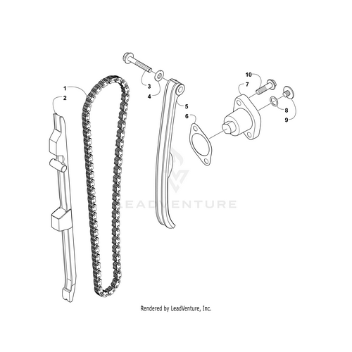 Exploded view of a timing chain assembly with the Cam Chain by Arctic Cat, guide, tensioner, bolts, gasket and more—each component labeled. Get genuine Arctic Cat parts at Witchdoctors.com.
