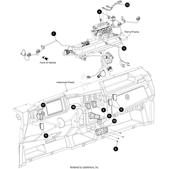 Line drawing diagram of the UTV Main Front Harness by Arctic Cat with numbered dashboard components, electrical parts, and wiring connections. Labels show the front, frame, and instrument panel. Find OEM Arctic Cat parts at Witchdoctors.com.