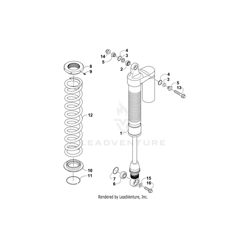 Diagram of a shock absorber assembly with labeled parts, ideal for referencing the Rear Spring Main-Painted Wht by Arctic Cat or other OEM components in UTV and ATV suspension systems.