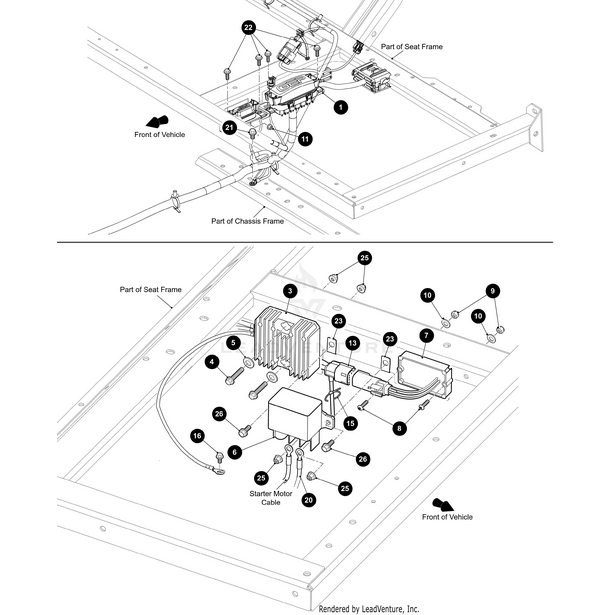 Black and white diagrams detail a vehicle seat and chassis frames wiring, connectors, Breaker Bussmann Mini 14V 20A Cb211-20 by Arctic Cat, starter motor cable, electrical components, OEM parts—all with arrows showing the front.