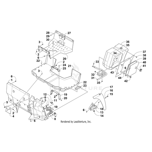 Exploded diagram of vehicle interior components, each part labeled for easy identification—ideal for sourcing OEM parts like the Arctic Cat Front Fender Left-Vibe Met Red-Painted for Wildcat Prowler Alterra models.