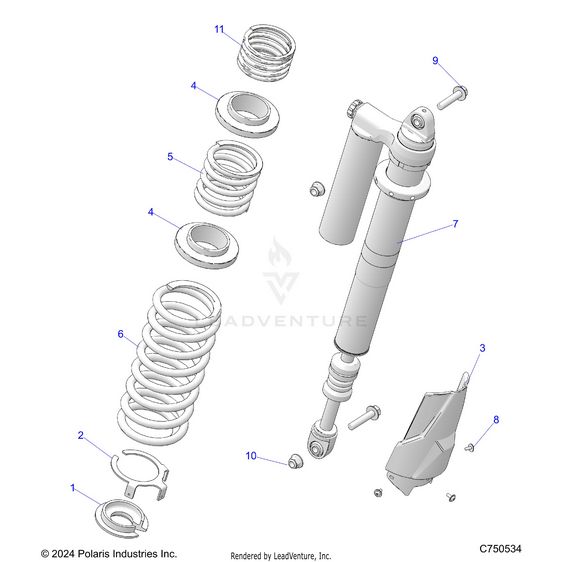 An Image of a Genuine Polaris Parts Schematic Diagram showing the schematic - SUSPENSION: REAR SHOCK MOUNTING - 2025 POLARIS RZR XP 1000 PREMIUM