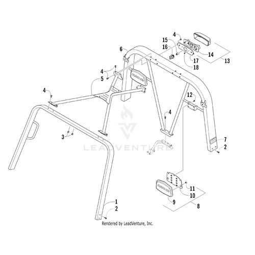 Line drawing diagram of the Canopy Tube - Rear by Arctic Cat, showing labeled and disassembled parts like bars, brackets, bolts, and lights—perfect for UTV ATV use. Each component is clearly numbered for easy identification.