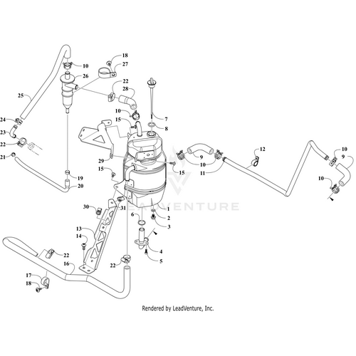 Black and white line diagram of a mechanical assembly with numbered pipes, valves, connectors, and OEM Arctic Cat parts such as the Bracket Oil Tank - Lower by Arctic Cat. Each part is labeled for easy ID. Find more at Witchdoctors.com.