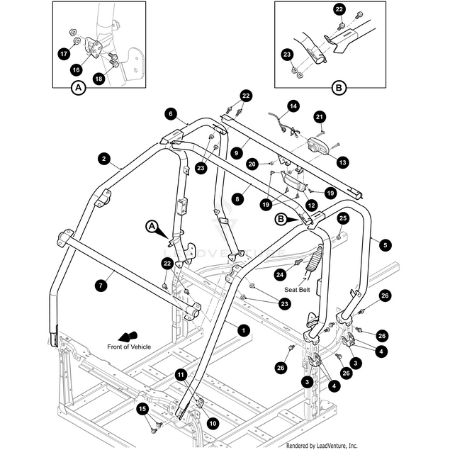 Line drawing diagram of a roll cage assembly using the Crosstube Ext Bal Brz-Weld for Havoc X models by Arctic Cat, with close-up insets A and B displaying detailed numbered labels of bars, bolts, fasteners, and seat belt connections.