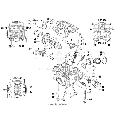 Exploded engine cylinder head diagram with OEM Arctic Cat parts, including numbered camshafts, valves, gears, and the Cap Screw M6 X 1 X 55 by Arctic Cat, plus detailed part views and callouts for every component.