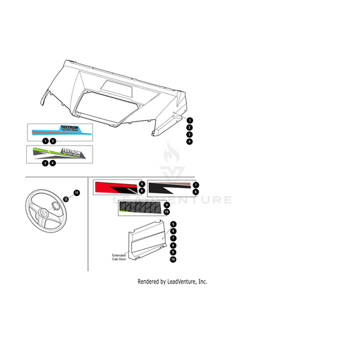 Diagram showing decal placement on a vehicle dash, door, and steering wheel. Includes close-ups of three designs (A, B, C), featuring accessories like the Arctic Cat Hood Decal Side Left.