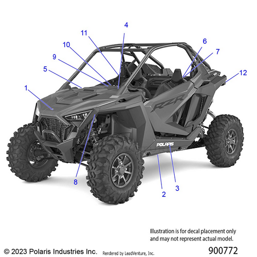 An Image of a Genuine Polaris Parts Schematic Diagram showing the schematic - BODY: DECALS STANDARD - 2021 POLARIS RZR PRO XP SPORT CA