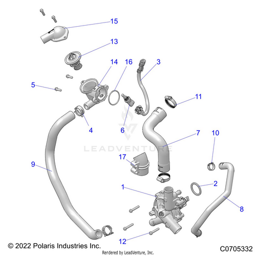 An Image of a Genuine Polaris Parts Schematic Diagram showing the schematic - ENGINE: WATERPUMP AND BYPASS - 2021 POLARIS RZR PRO XP SPORT CA