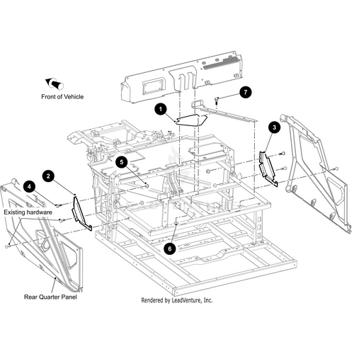 Exploded diagram showing assembly of a vehicle’s rear quarter panel and hardware (parts 1–7), frame structure, and arrows marking attachment points—including spots for OEM Arctic Cat parts and the Heat Shield Seat Black by Arctic Cat.