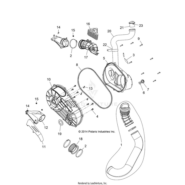 An Image of a Genuine Polaris Parts Schematic Diagram showing the schematic - DRIVE TRAIN: CLUTCH COVER AND DUCTING - 2015 POLARIS RZR XP 4 1000