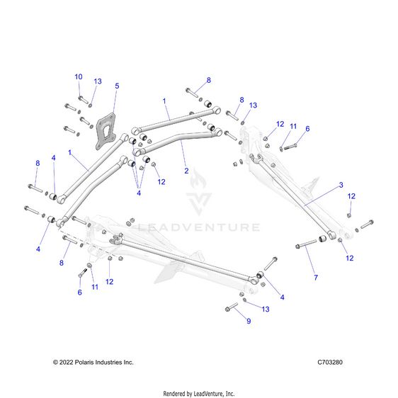 An Image of a Genuine Polaris Parts Schematic Diagram showing the schematic - SUSPENSION: REAR TRAILING ARMS MOUNTING - 2023 POLARIS RZR PRO R 4 ULTIMATE TROY LEE DESIGNS