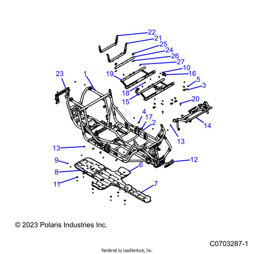 An Image of a Genuine Polaris Parts Schematic Diagram showing the schematic - CHASSIS: MAIN FRAME AND SKID PLATES - 2023 POLARIS RZR XP 4 1000 SPORT