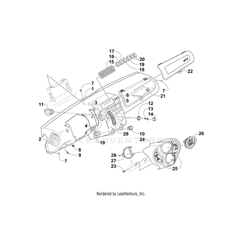 Exploded diagram of a car dashboard assembly with numbered parts, including the instrument panel, switches, vents, glove box, and the Indicator Light by Arctic Cat. Labels show each parts position and assembly sequence.