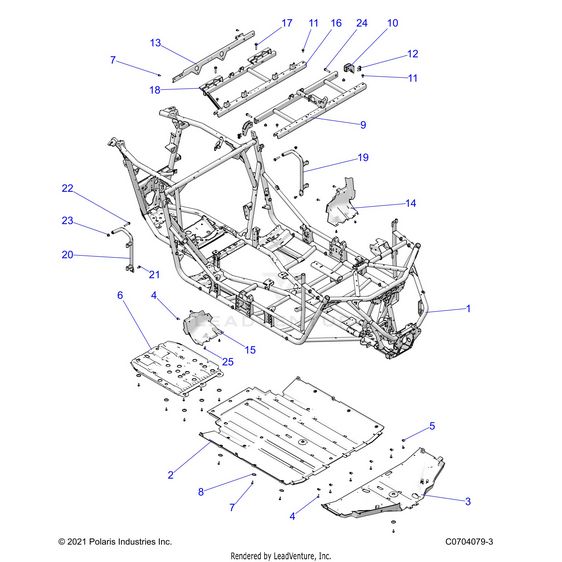 An Image of a Genuine Polaris Parts Schematic Diagram showing the schematic - CHASSIS: MAIN FRAME AND SKID PLATES - 2025 POLARIS RZR XP 4 1000 SPORT