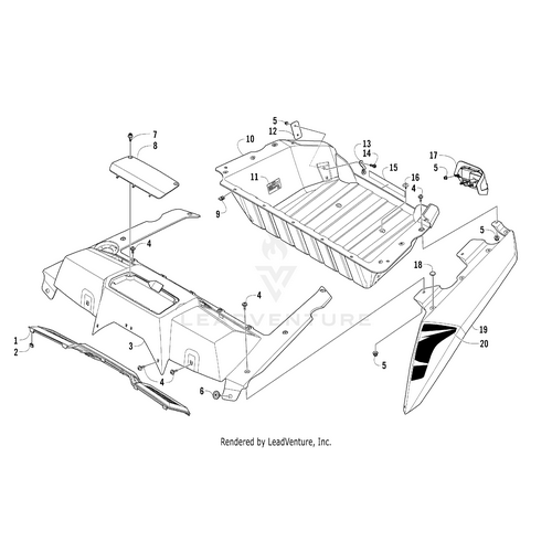 Exploded diagram of a vehicle trunk assembly for an Arctic Cat UTV, highlighting the Rear Fender Decal Right-Vr by Arctic Cat among various labeled components such as trunk floor, side panels, and connecting hardware with numbered OEM parts.