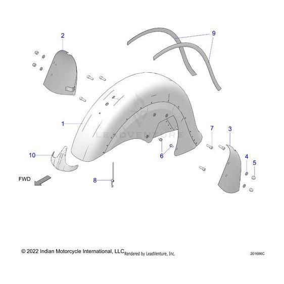Exploded diagram of a motorcycle fender assembly featuring labeled parts, including the main fender, side brackets, and genuine Indian Motorcycle OEM Front Fender Rivet Hvymbkm [Heavy Metal / Black Metallic] by Polaris with numbered callouts.