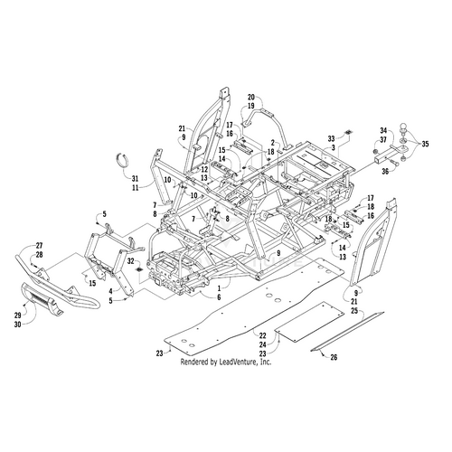 Black-and-white technical drawing from Witchdoctors.com showing an exploded vehicle chassis with labeled parts—frame, side panels, bumpers, dashboard—and featuring Arctic Cat OEM parts plus a Hitch Ball Mount by Arctic Cat.