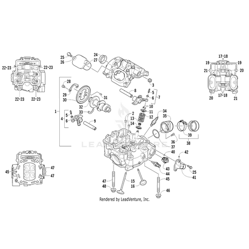 Exploded diagram of an engine cylinder head assembly, highlighting components like valves, springs, and the Arctic Cat Bolt Hfh M10 X 1.25 - 195 (Head Bolt), with numbered labels around the main head.