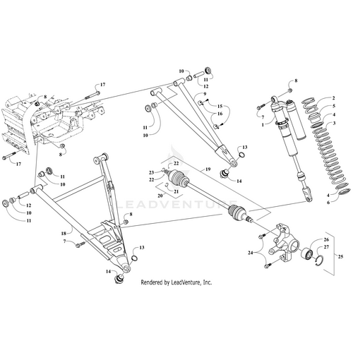 Exploded diagram of a vehicle suspension with labeled, numbered parts, featuring springs, shock absorbers, frame, axles, and Arctic Cat OEM components like the A-Arm - Front Lower Left Black (Inc. 10-14) by Arctic Cat for easy identification.