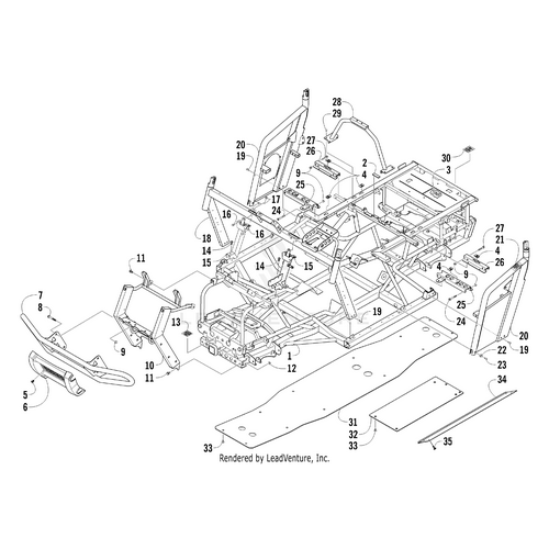 Exploded technical diagram of a vehicle chassis with numbered labels highlighting frame components and panels—perfect for sourcing the Steering Support-Painted Black (Rw) by Arctic Cat or identifying structural parts on Witchdoctors.com.