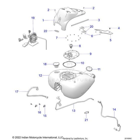 Exploded diagram of the Tank Fuel Sblmtgfx [Spirit Blue Metallic W/ Gfx] by Polaris, showing numbered OEM parts—tank, fuel cap, hoses, mounting hardware, and small components—each displayed separately to indicate their positions.